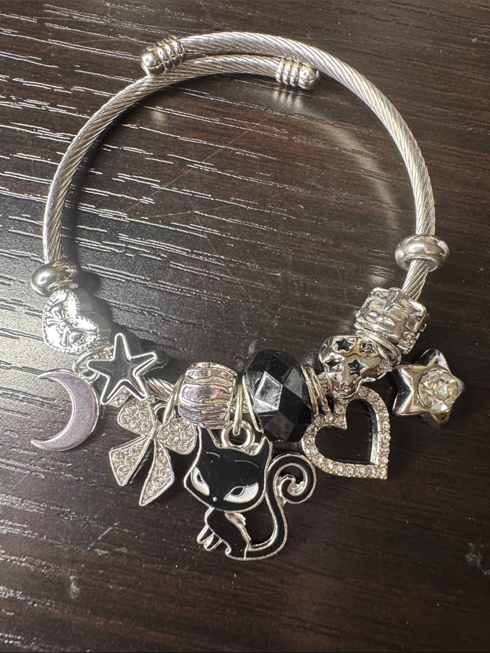Silver Cat Charm Bracelet with Hearts & Stars